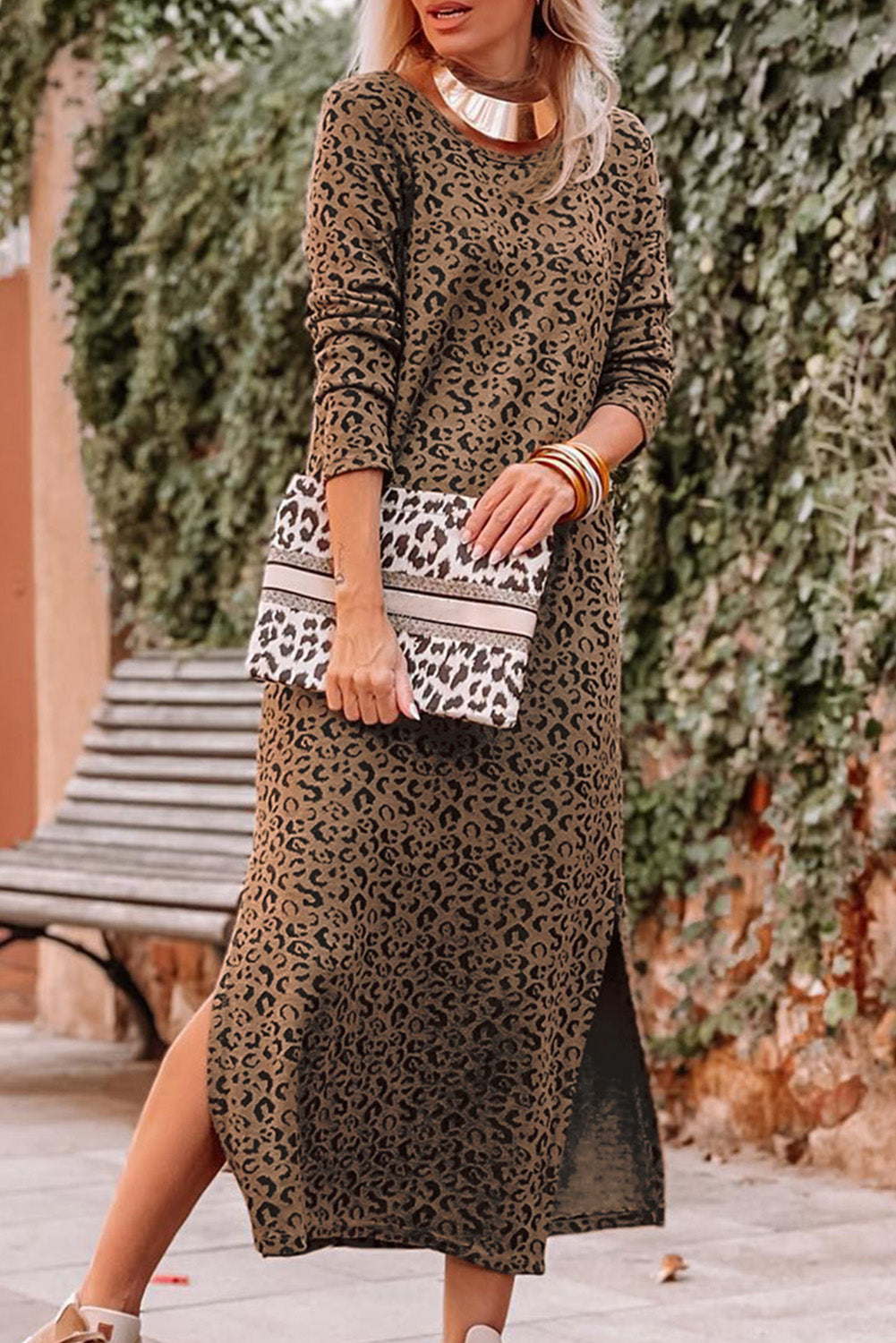 Round Neck Leopard Print Long Sleeve Slit Dress Trendsi