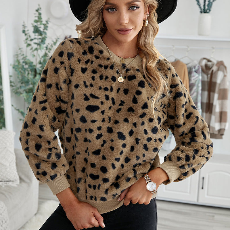 Plush Sweater Leopard Print Crew Neck Casual Top Women New In