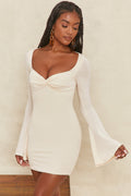 Solid Color Square Neck Flared Sleeve Slim Sexy Hip Dress aclosy