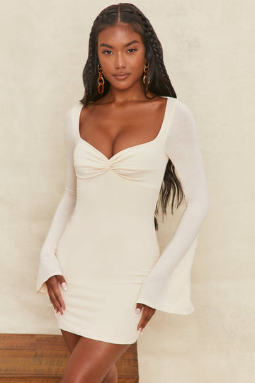 Solid Color Square Neck Flared Sleeve Slim Sexy Hip Dress