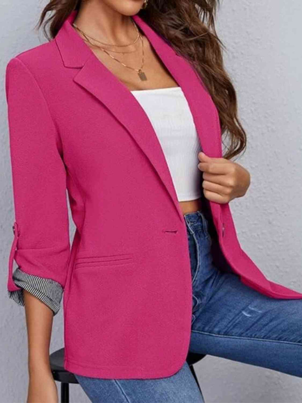 Lapel Collar Roll-Tab Sleeve Blazer Trendsi