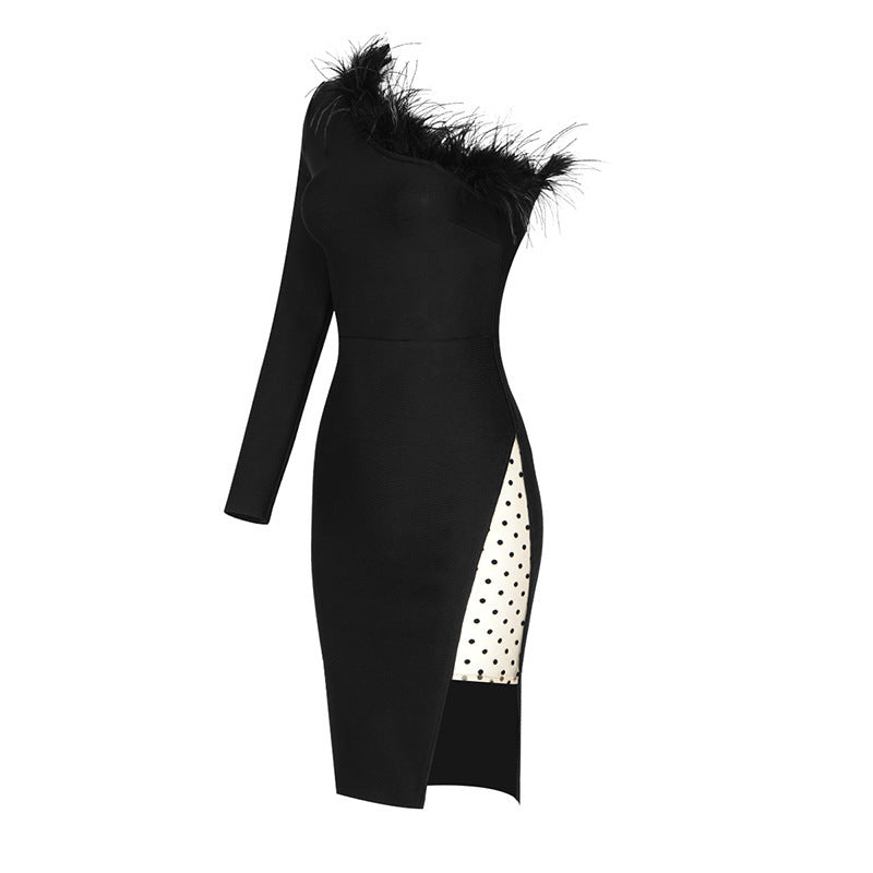 Fur One-shoulder Mesh Dress aclosy