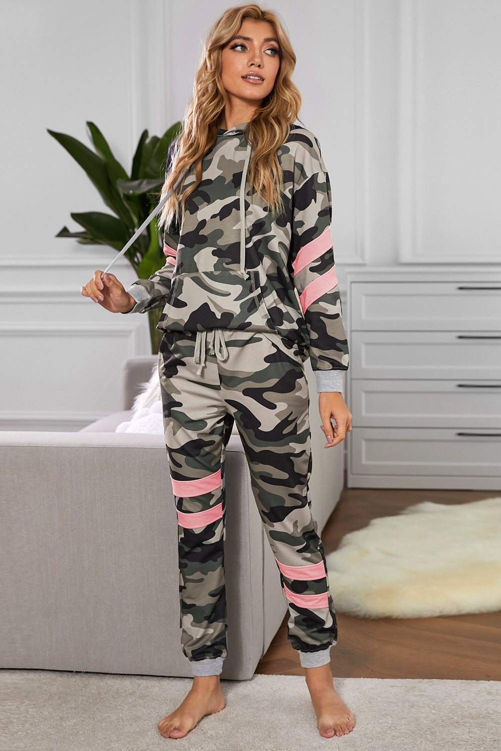 Camouflage Contrast Detail Hoodie and Joggers Lounge Set Trendsi