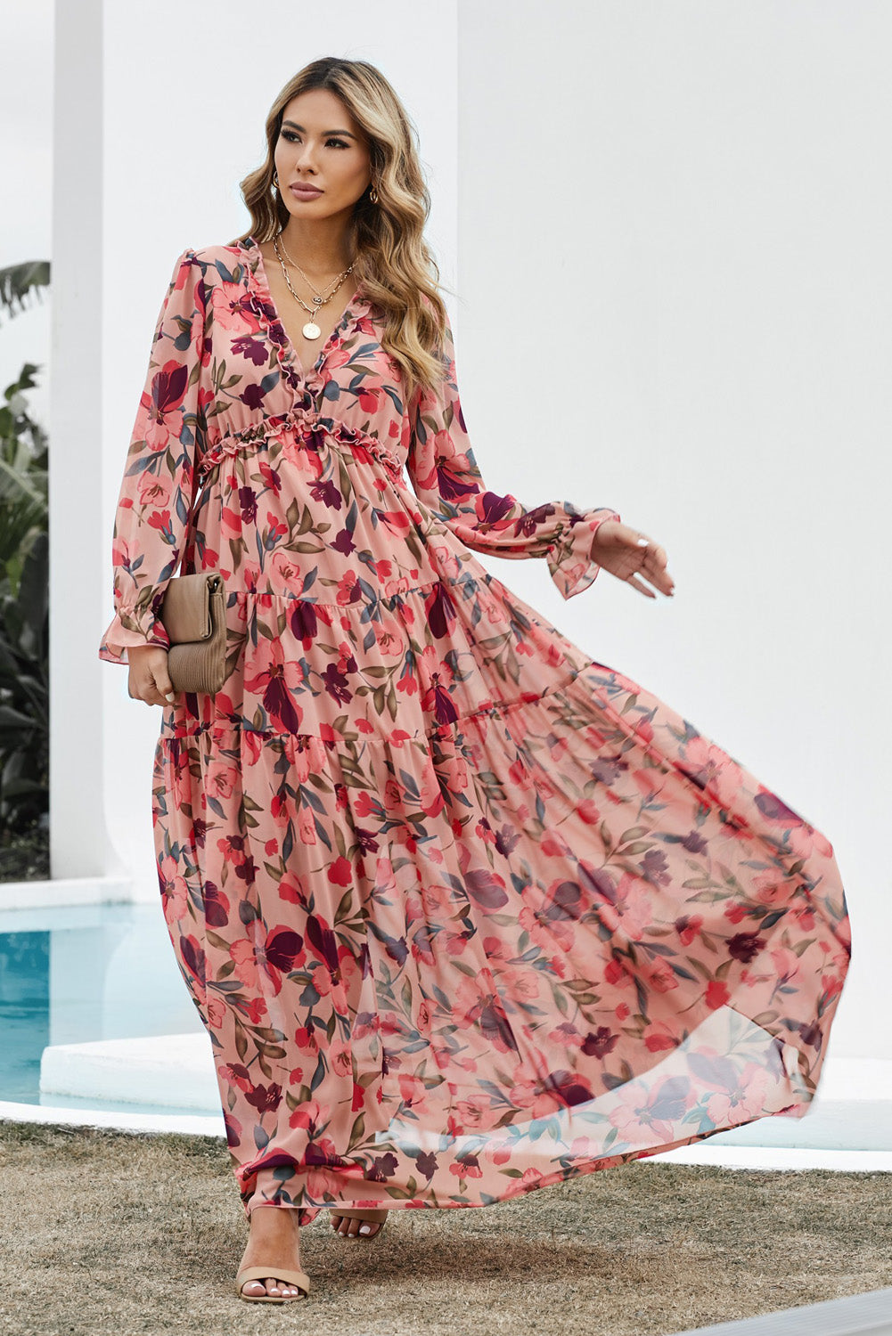 Floral Frill Trim Flounce Sleeve Plunge Maxi Dress Trendsi