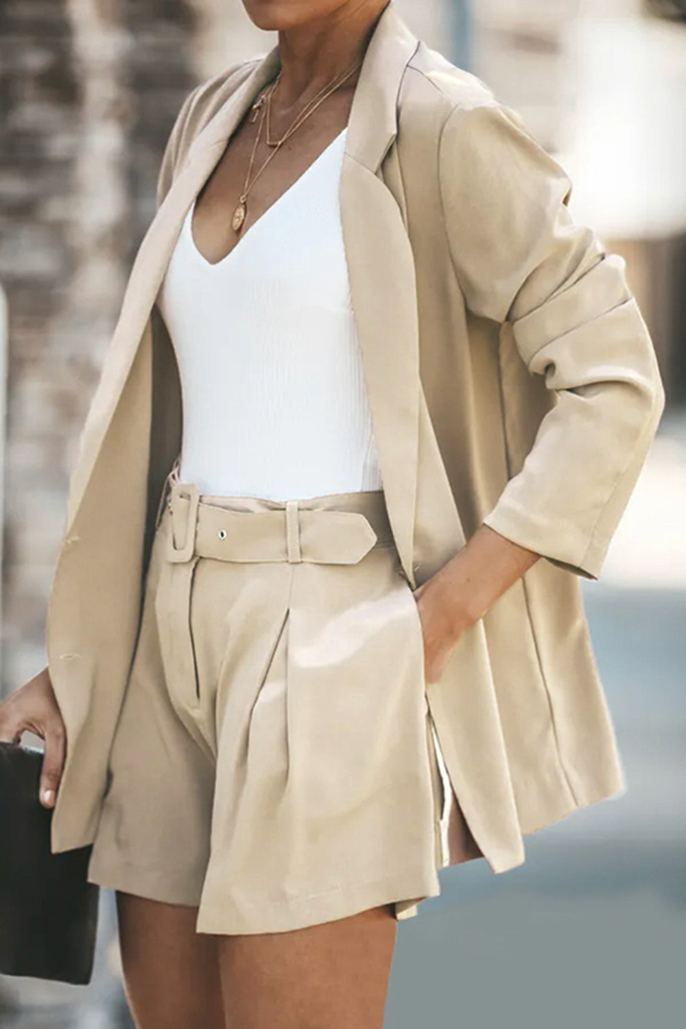 Longline Blazer and Shorts Set with Pockets Trendsi