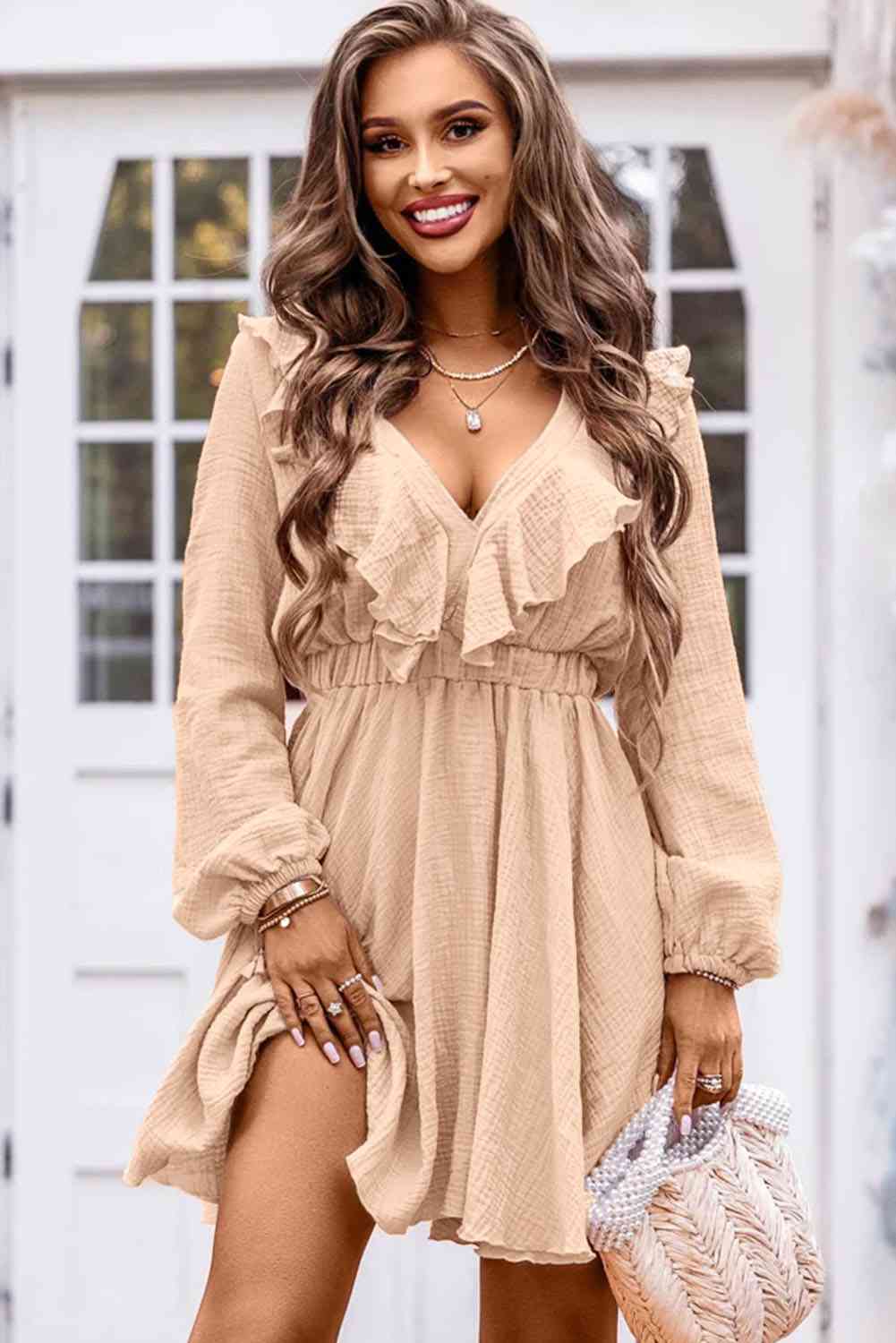 Ruffle Trim V-Neck Long Sleeve Mini Dress Trendsi