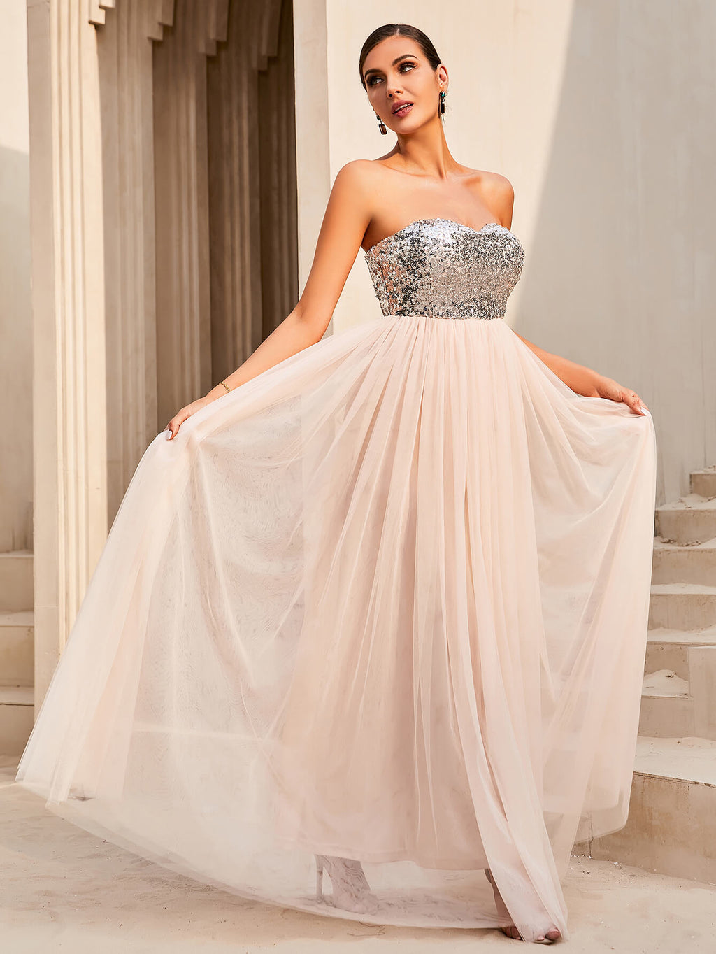 Sequin Strapless Spliced Tulle Dress Trendsi
