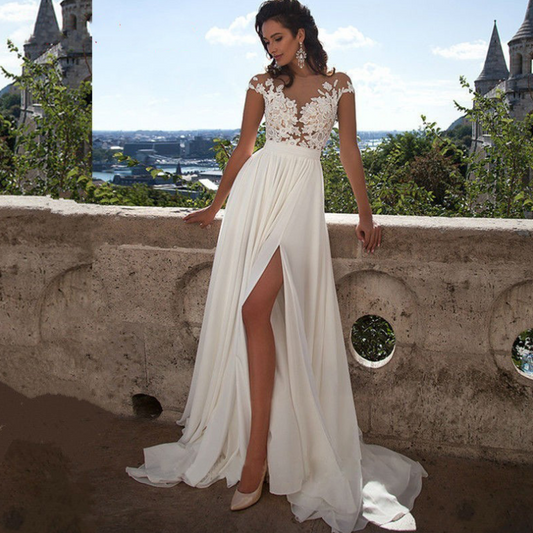 Bohemian wedding dress A word applique floor length chiffon bride dress custom side  elegant wedding dress aclosy