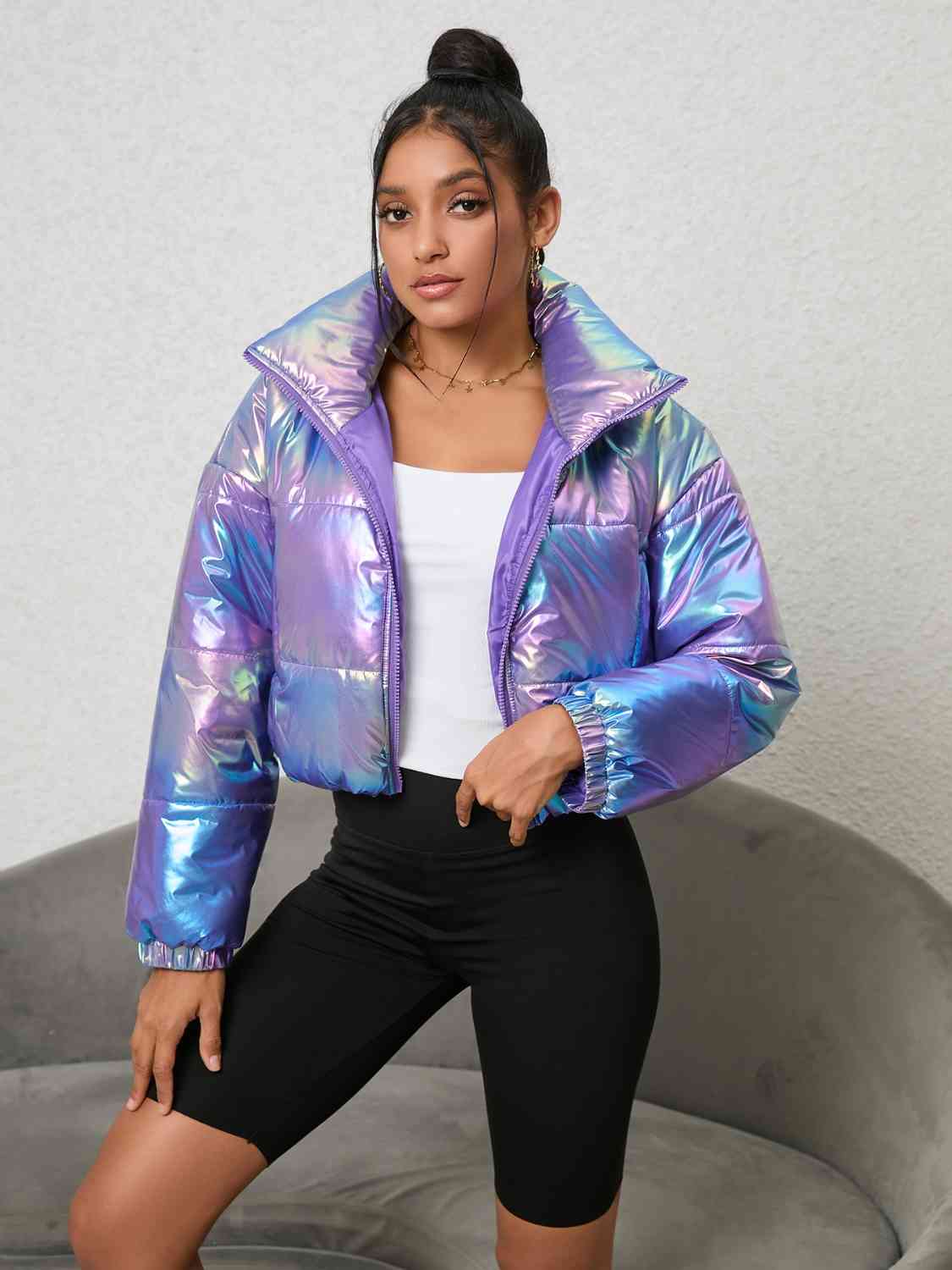 Gradient Zip-Up Collared Puffer Jacket Trendsi