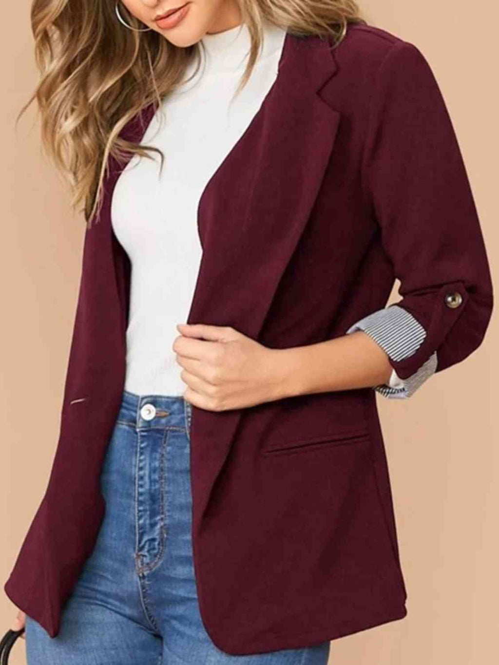 Lapel Collar Roll-Tab Sleeve Blazer Trendsi