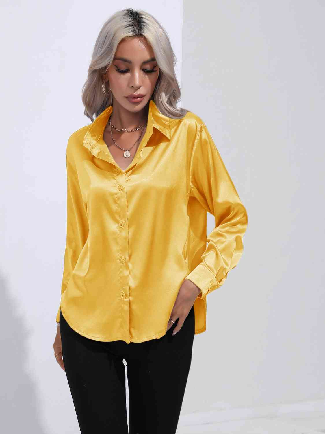 Collared Neck Buttoned Long Sleeve Shirt Trendsi