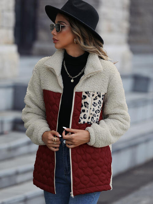 Leopard Color Block Zip-Up Jacket Trendsi