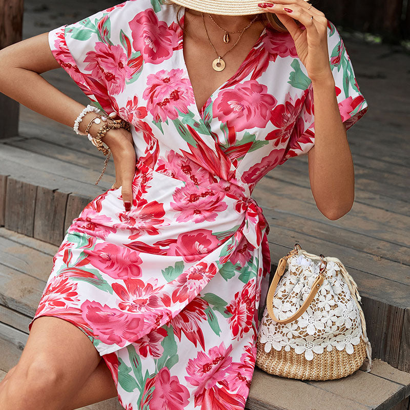 Floral Tied Short Sleeve Mini Dress Trendsi