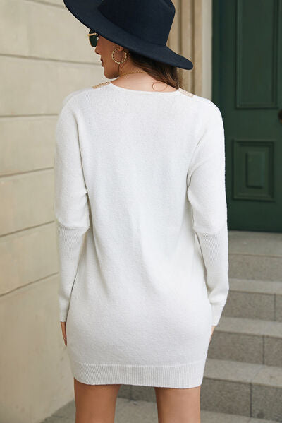 V-Neck Long Sleeve Mini Sweater Dress Trendsi