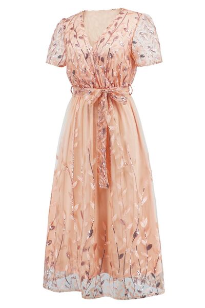 Sequin Leaf Embroidery Tie Front Short Sleeve Dress Trendsi