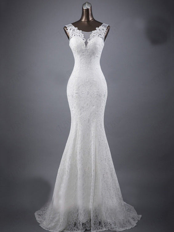 Lace slim and thin double shoulder tail wedding dress aclosy