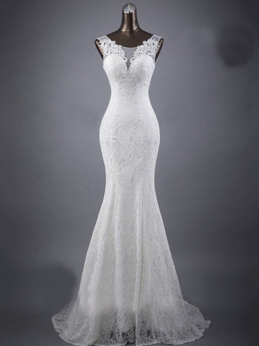 Lace slim and thin double shoulder tail wedding dress aclosy