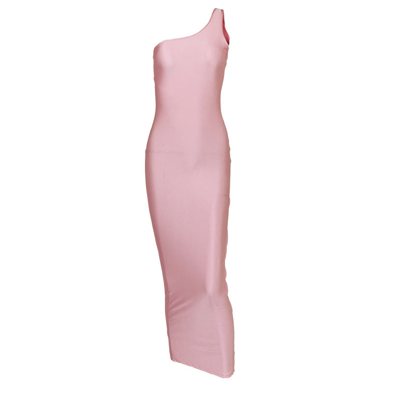 One Shoulder Sleeveless Long Dress Slim Fit-Pink aclosy