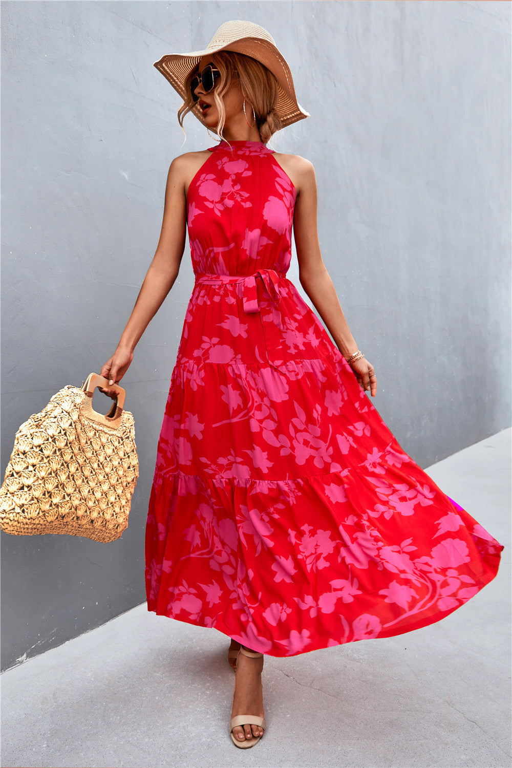 Printed Sleeveless Tie Waist Maxi Dress Trendsi