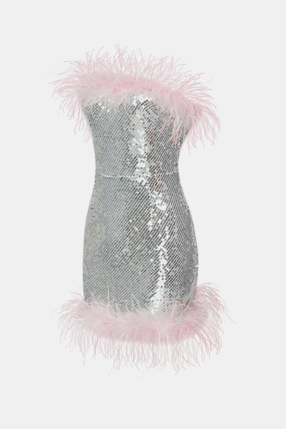Sequin Feather Trim Strapless Dress Trendsi