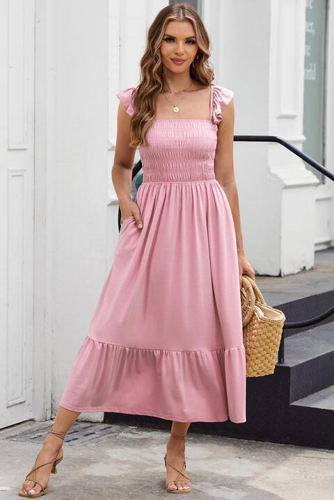 Smocked Square Neck Midi Dress Trendsi