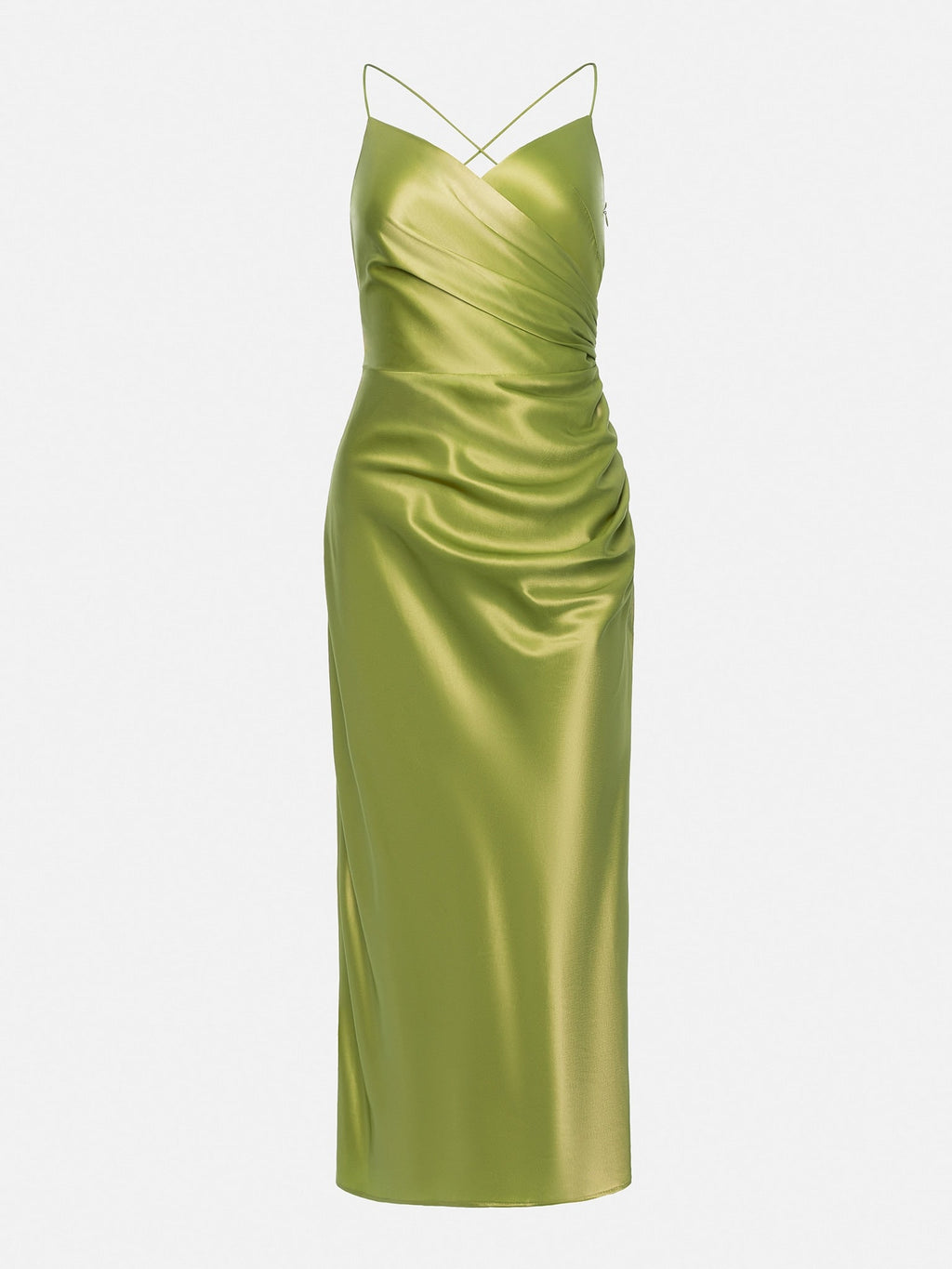 Satin V-neck Side Gathered Dress-Green aclosy