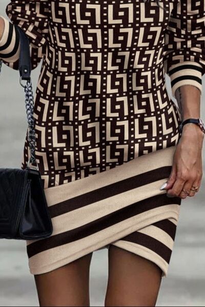 Printed Turtleneck Long Sleeve Mini Dress Trendsi