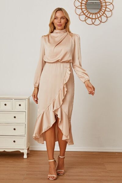 Mock Neck Ruffled Asymmetrical Dress Trendsi