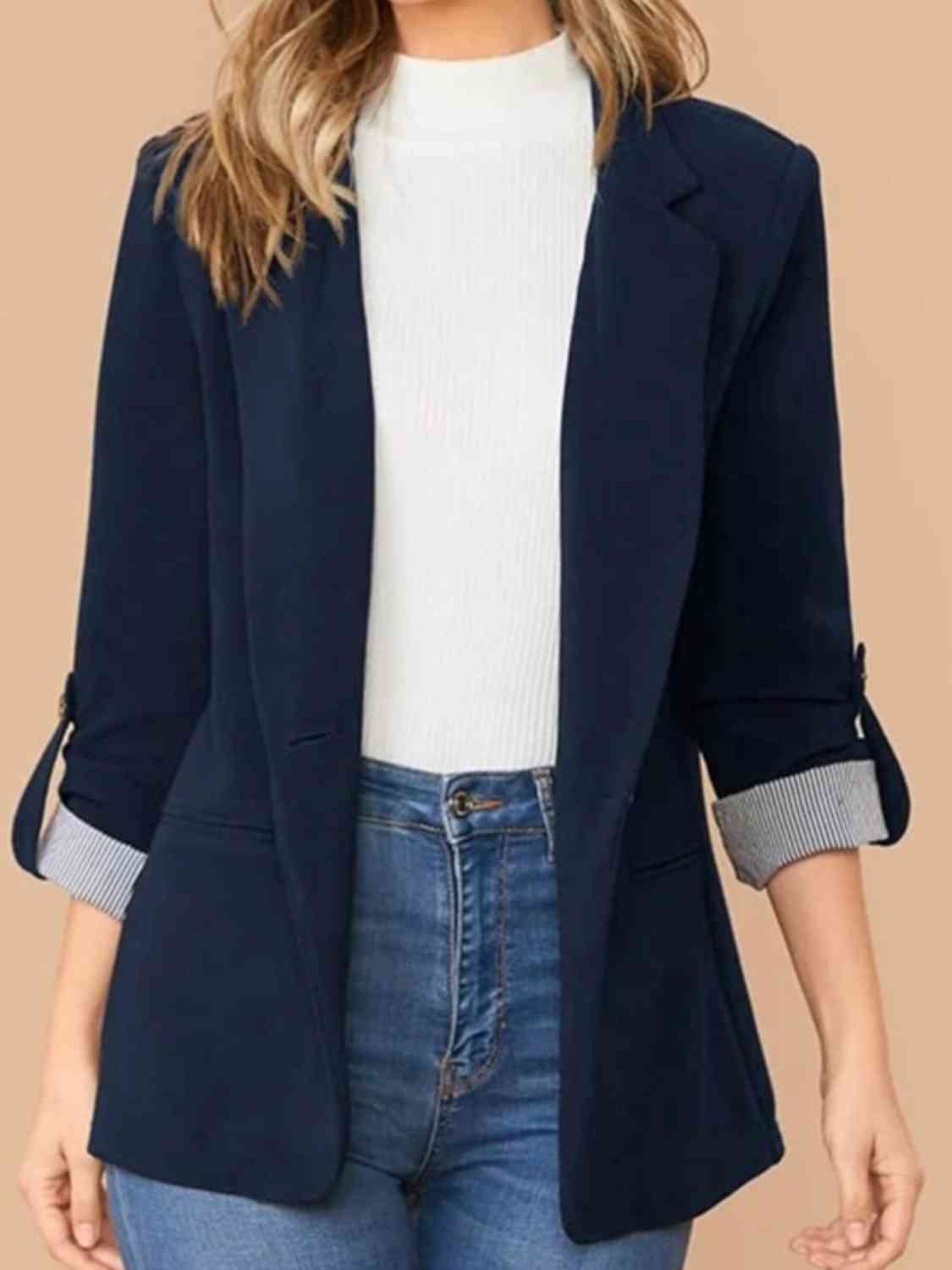 Lapel Collar Roll-Tab Sleeve Blazer Trendsi