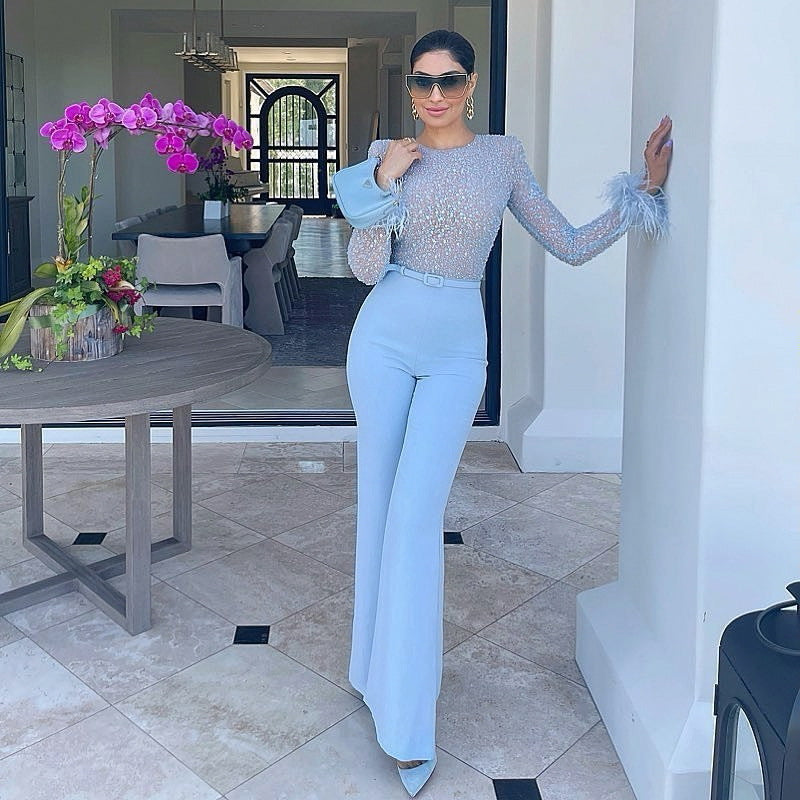 Feather Sequin Patchwork Jumpsuit Aclosy+