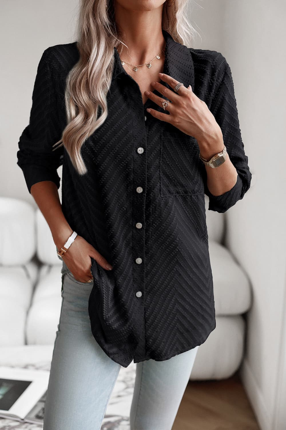 Collared Neck Long Sleeve Pocketed Shirt Trendsi