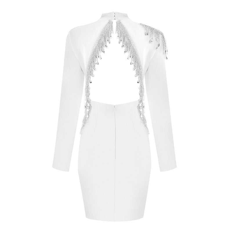 Backless Fringed Diamond Bandage Dress aclosy