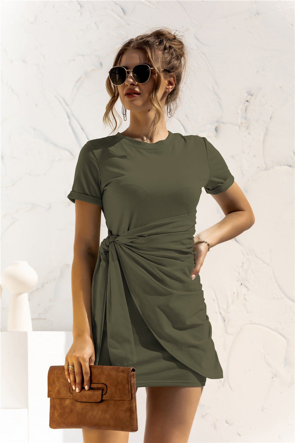 Round Neck Cuffed Sleeve Side Tie Dress Trendsi