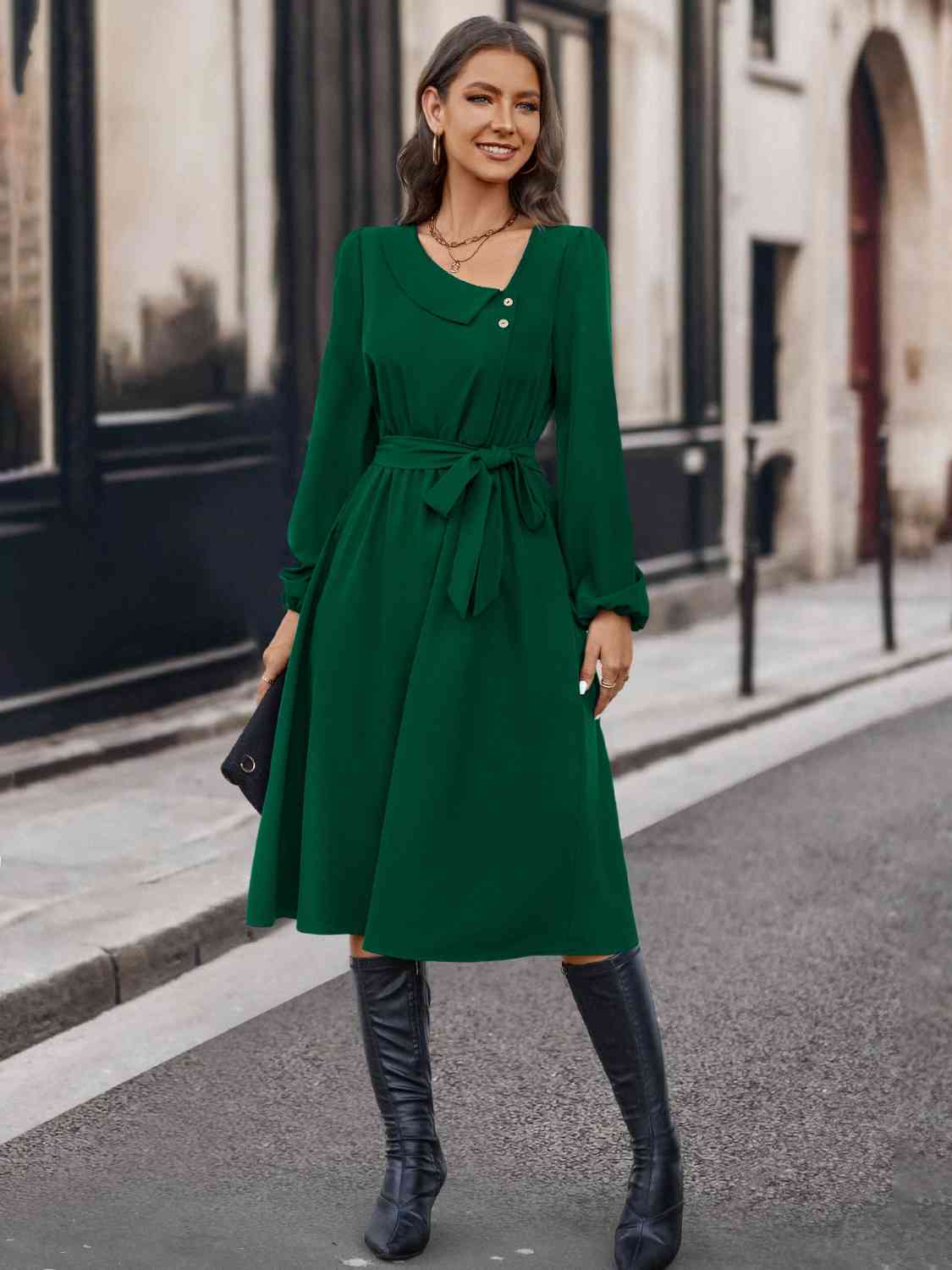 Buttoned Tie Front Long Sleeve Asymmetrical Neck Dress Trendsi