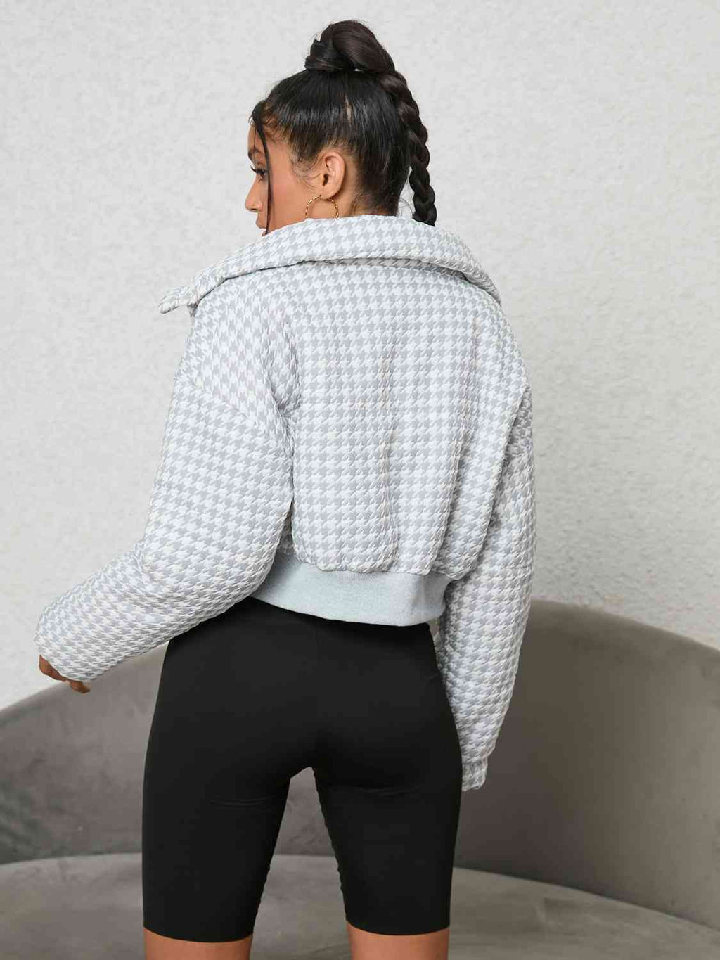 Houndstooth Zip-Up Jacket Trendsi