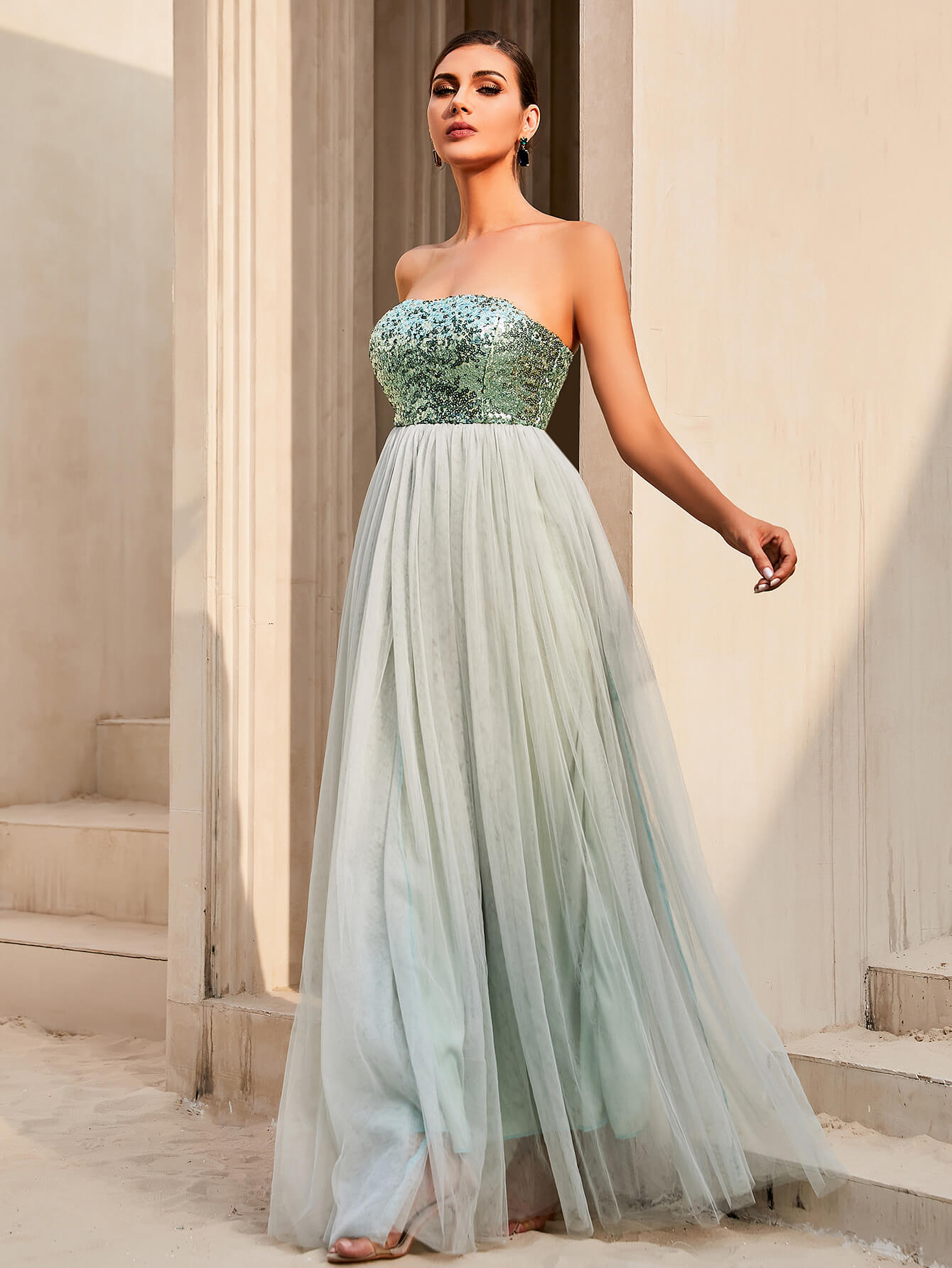 Sequin Strapless Spliced Tulle Dress Trendsi