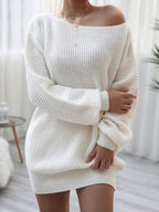 Rib-Knit Balloon Sleeve Boat Neck Sweater Dress Trendsi