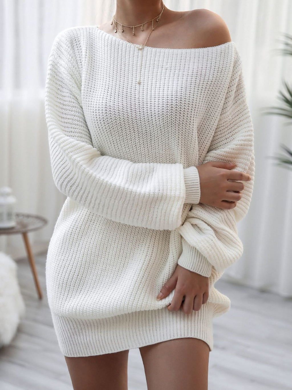 Rib-Knit Balloon Sleeve Boat Neck Sweater Dress Trendsi