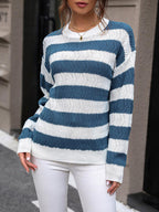 Striped Round Neck Dropped Shoulder Sweater Trendsi