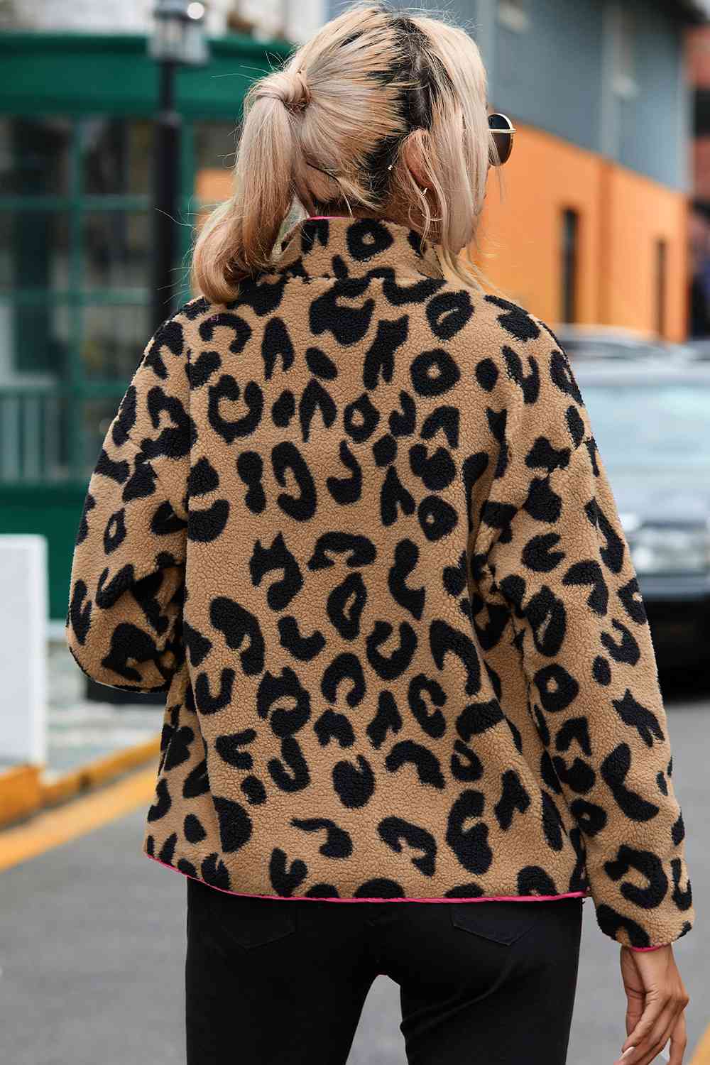 Leopard Zip-Up Dropped Shoulder Jacket Trendsi