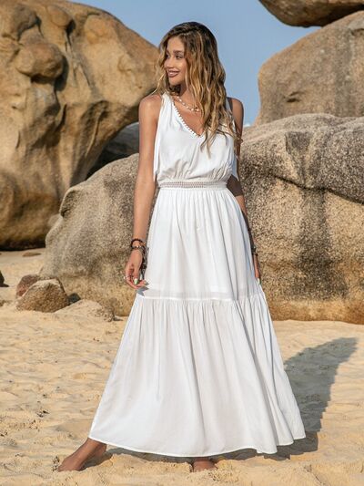 V-Neck Tie Shoulder Crochet Maxi Dress Trendsi