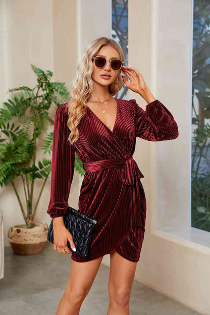 Ribbed Tie Front Mini Dress Trendsi