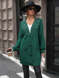 Pearl Detail Cable-Knit Button Up Cardigan Trendsi