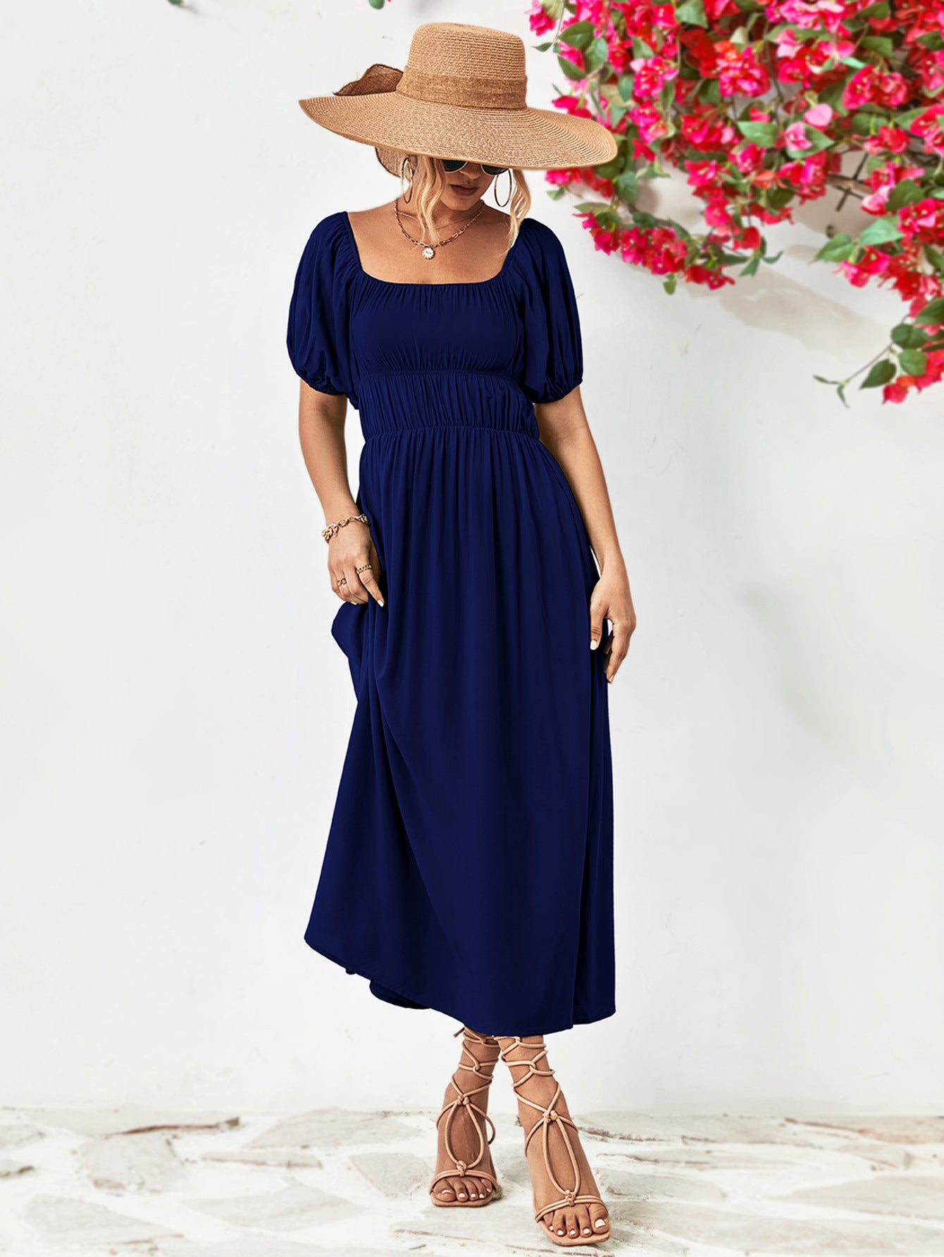 Off-Shoulder Balloon Sleeve Midi Dress Trendsi