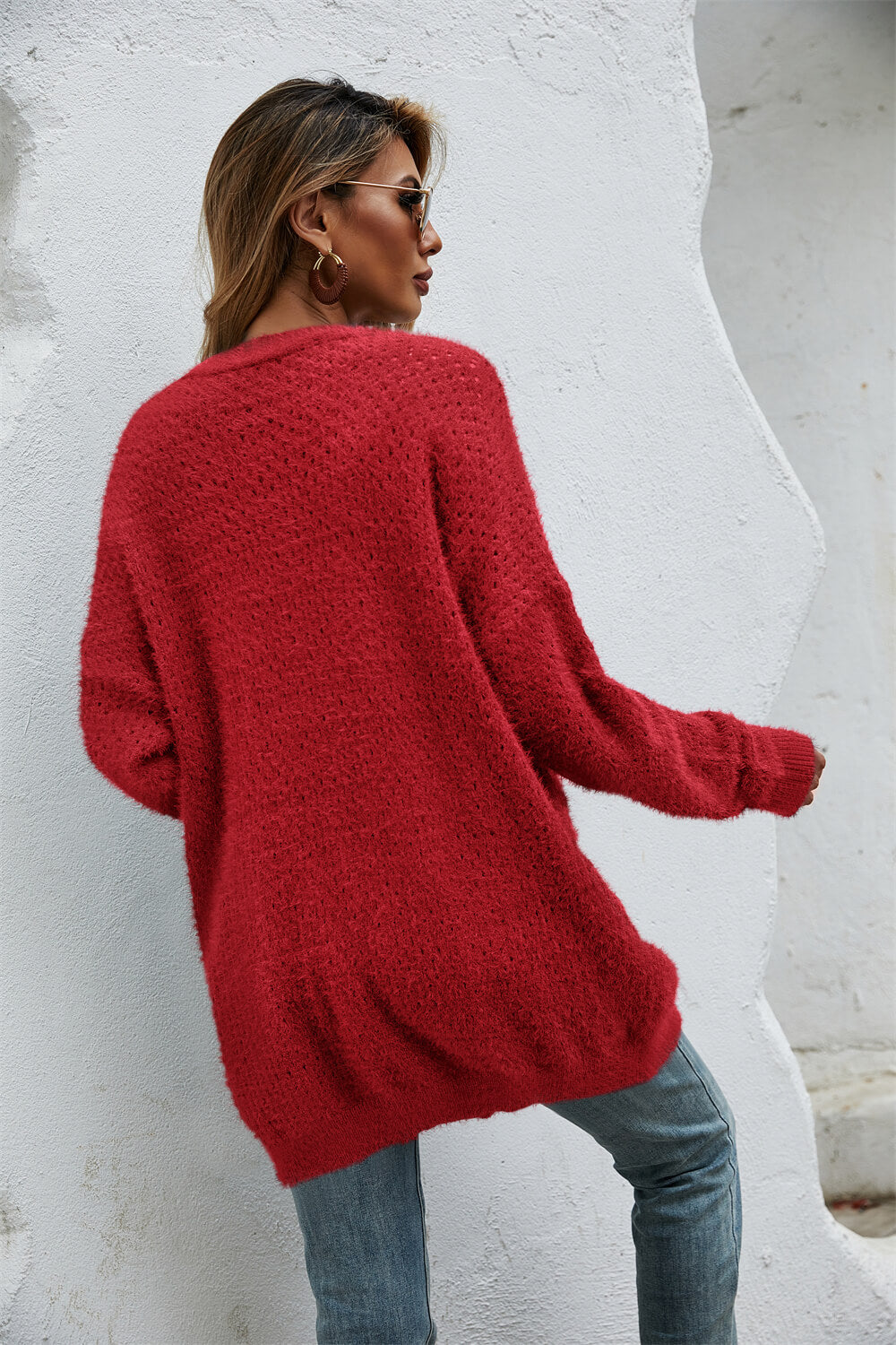 Open Front Openwork Fuzzy Cardigan with Pockets Trendsi