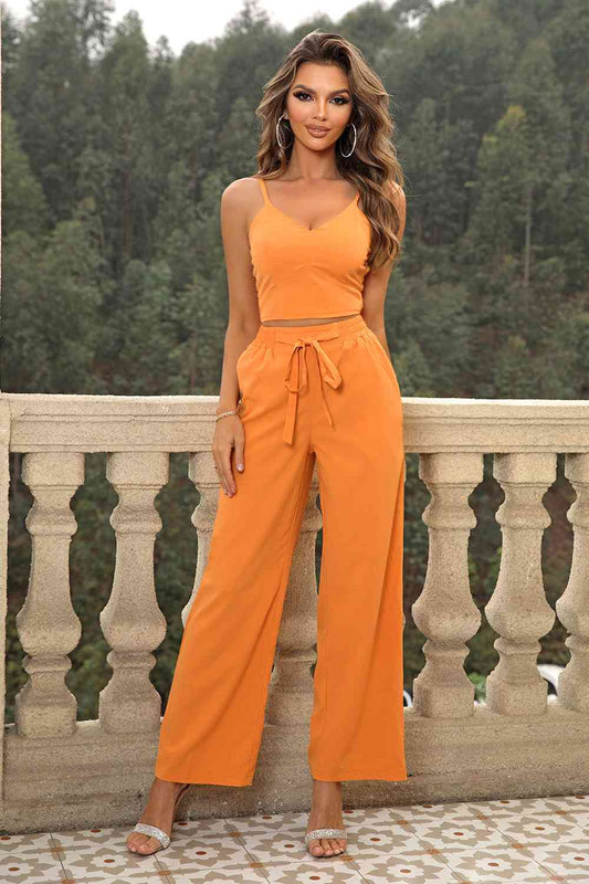 Cami and Tied Straight Leg Pants Set Trendsi