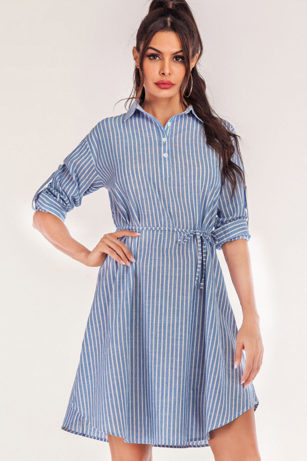 Full Size Striped Quarter-Button Roll-Tab Sleeve Shirt Dress Trendsi