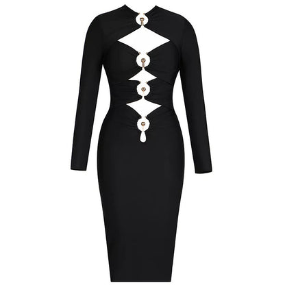 Ruched Column Long Sleeve Midi Dress-Black aclosy