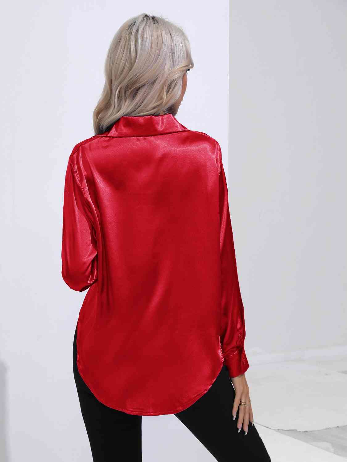 Collared Neck Buttoned Long Sleeve Shirt Trendsi