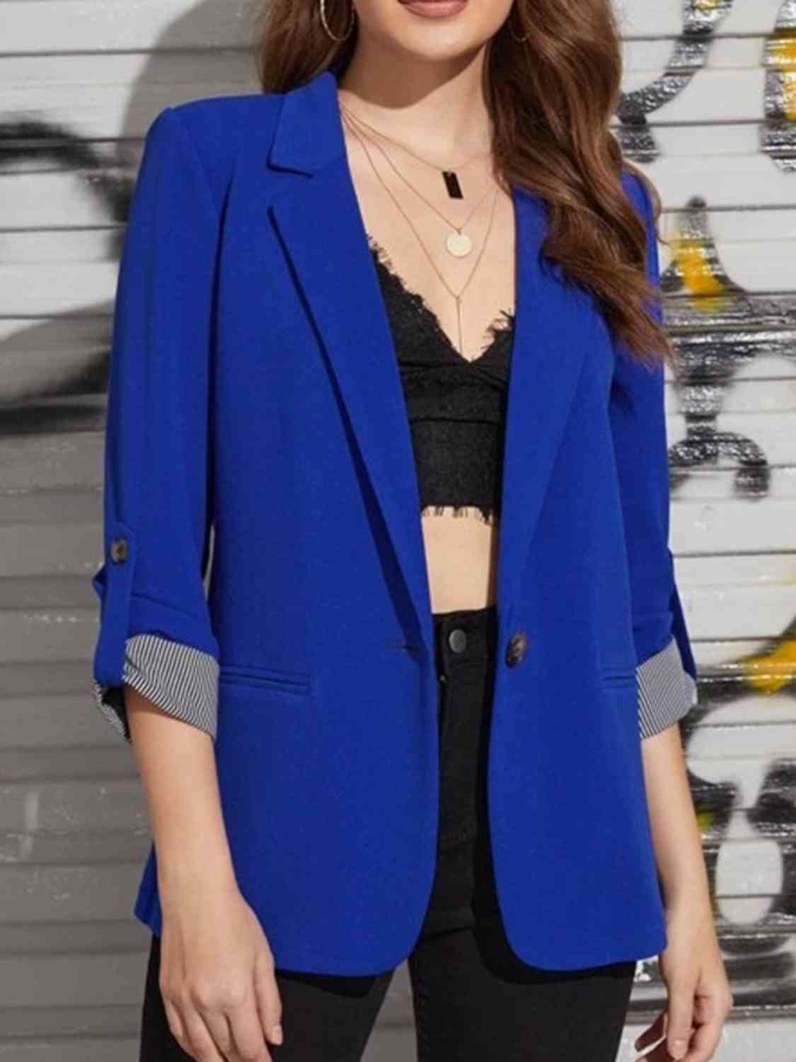 Lapel Collar Roll-Tab Sleeve Blazer Trendsi
